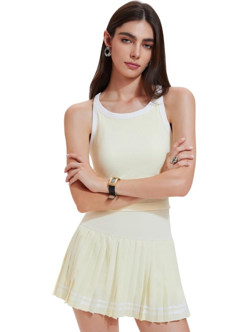Women's Light Yellow 2 Piece Racer Back Tennis Skirt Tank Top Pull On Golf Dress